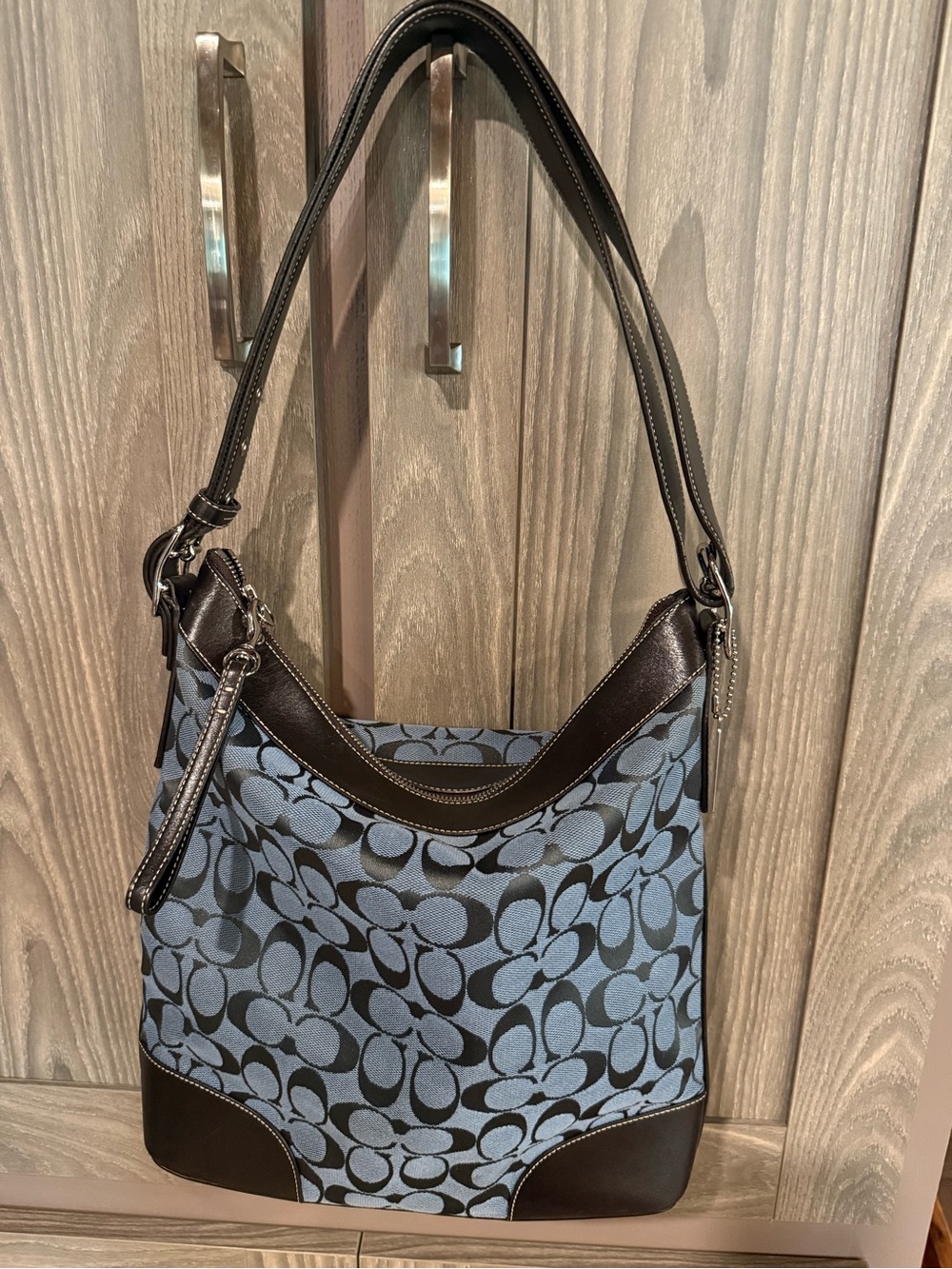Coach Vintage Chambray Blue and Brown Canvas Shoulder Hobo Bag
